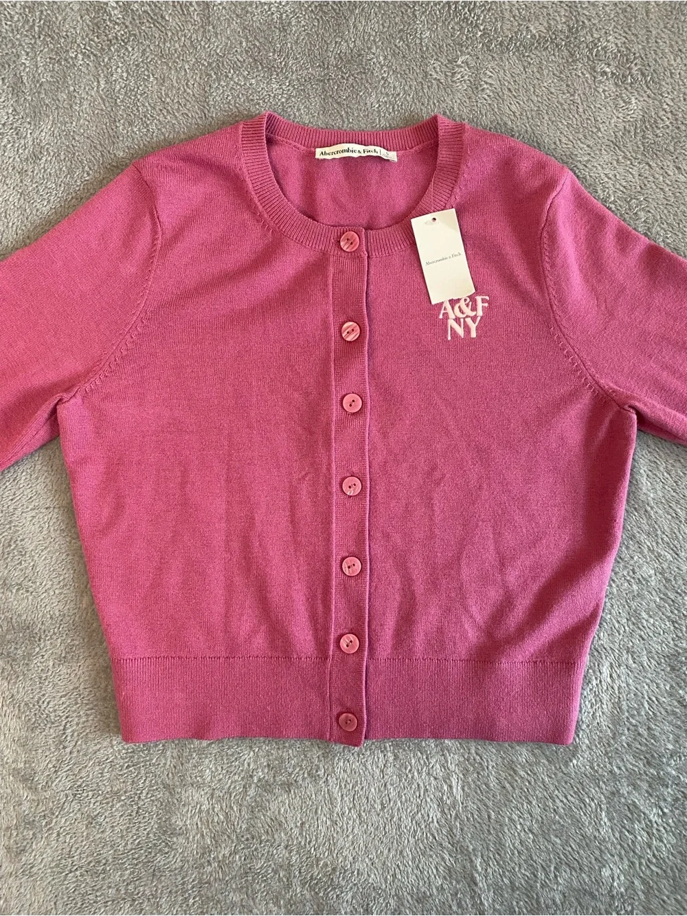 NWT Abercrombie & Fitch Pink Crewneck Crop Cardigan S Embroider Preppy Coquette